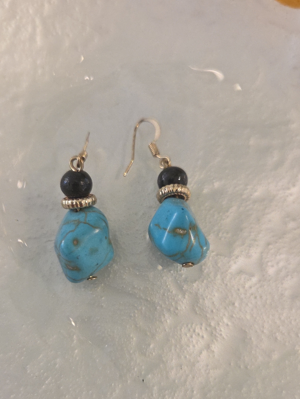 Turquoise Stone Drop Earrings with Black Accent Beads